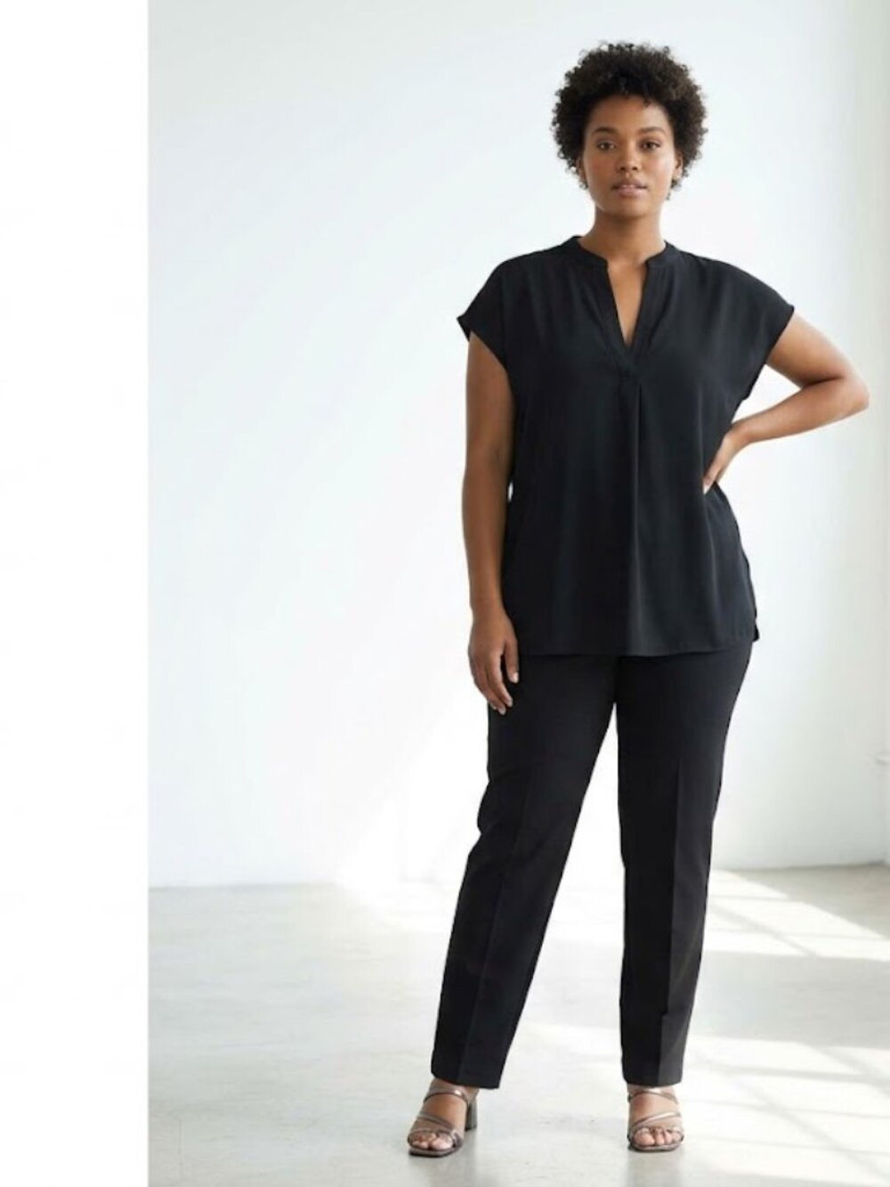 ELOQUII Black V Neck Cap Sleeve Tunic Top Plus Size 16W